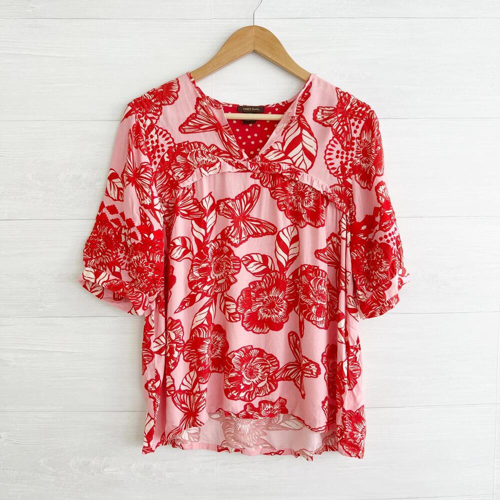 Vineet Bahl - Pink red butterfly embroidered short sleeve top size S